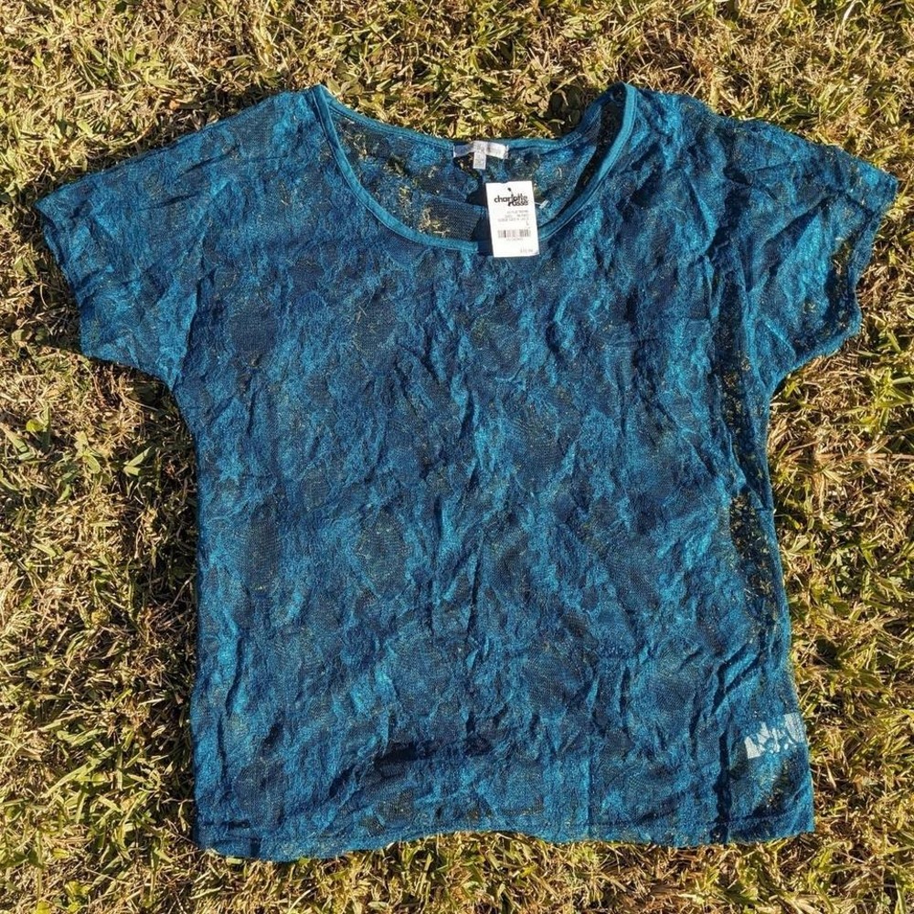 NWT Vtg Y2K Charlotte Russe Lace Mesh Top Large Teal Blue Whimsigoth Cap Sleeve